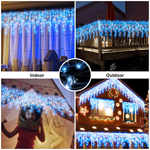 CORST 10M Outdoor icicle lights Mains Powered Window Curtain Fairy Lights Long Outside Fairy Light Plug In 400LEDs Connectable, 8 Modes for Room,Gazebo Decor(Blue+White)