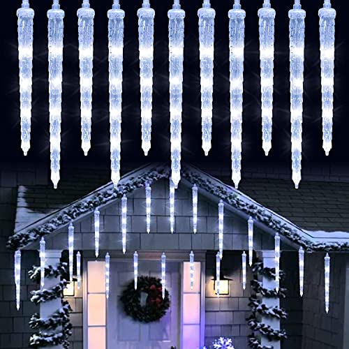 Joomer Icicle Christmas Lights Outdoor, 20 Tubes 90 LED 8 Modes White Icicle Lights with Timer Function, Waterproof Connectable Ice String Lights for Home Patio Eaves Christmas Tree Decoration