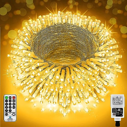 1000 Led 120M Christmas Lights Super Long Christmas Lights Outdoor Decorations Waterproof Fairy Lights Plug in String Lights With 8 Modes Timer for Xmas Outside House Tree Party Decor-Warm White