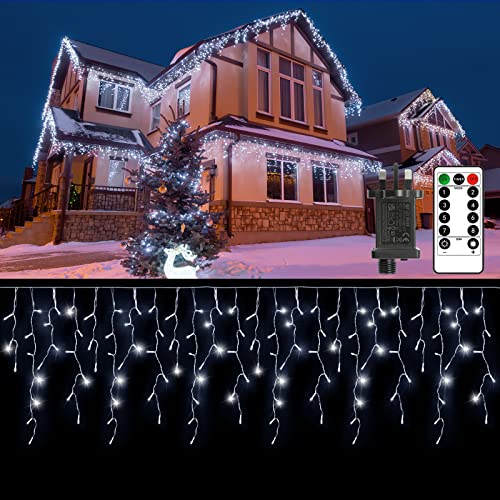 GCMacau Christmas Icicle Lights Outdoor, 10+5m/49ft 720 LED Curtain Fairy Lights Mains Powered, String Lights with 8 Mode Remote Control Christmas Tree Lights for Garden Party Decorations(Cool White)