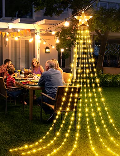Outdoor Christmas Decorations, 3.5M Christmas Star Lights LED Waterfall Christmas Lights 8 Modes Waterproof Christmas Tree Fairy Lights Outdoor String Lights for Xmas Tree Home Party Garden Bedroom