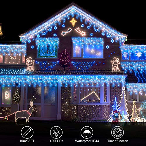 CORST 10M Outdoor icicle lights Mains Powered Window Curtain Fairy Lights Long Outside Fairy Light Plug In 400LEDs Connectable, 8 Modes for Room,Gazebo Decor(Blue+White)