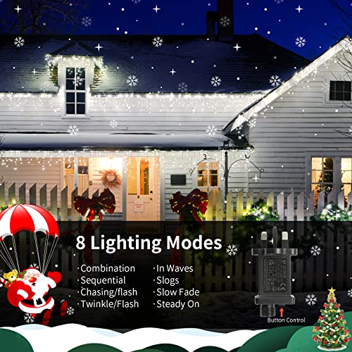 GCMacau Christmas Icicle Lights Outdoor, 10+5m/49ft 720 LED Curtain Fairy Lights Mains Powered, String Lights with 8 Mode Remote Control Christmas Tree Lights for Garden Party Decorations(Cool White)