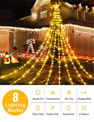 Outdoor Christmas Decorations, 3.5M Christmas Star Lights LED Waterfall Christmas Lights 8 Modes Waterproof Christmas Tree Fairy Lights Outdoor String Lights for Xmas Tree Home Party Garden Bedroom