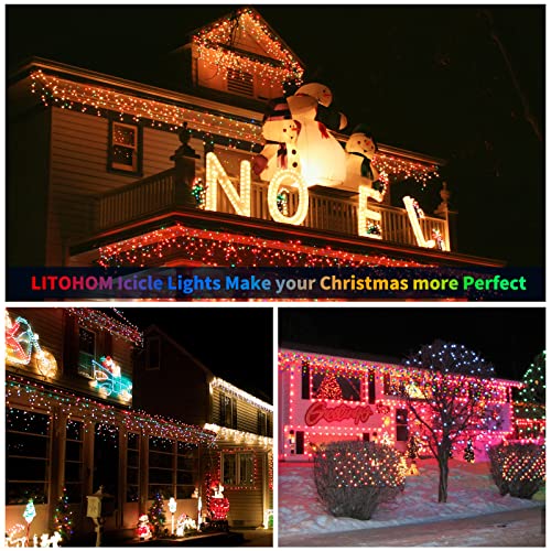 LITOHOM Icicle Outdoor Christmas Lights, 14m/46ft, 360 LED Multicolored Icicle Lights, IP44 Waterproof 8 Lighting Modes & Memory Function, Energy Saving, Mains Powered Christmas House Lights