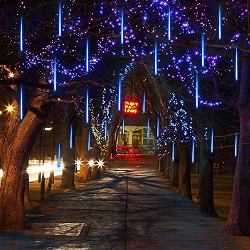 BrizLabs Christmas Meteor Lights, 30cm 10 Tubes 240 LED Falling Rain Lights Waterproof Falling Snowfall Lights Cascading Icicle String Lights for Outdoor Tree Garden Wedding Party Holiday Decor, Blue
