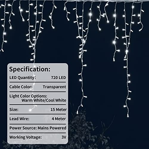 GCMacau Christmas Icicle Lights Outdoor, 10+5m/49ft 720 LED Curtain Fairy Lights Mains Powered, String Lights with 8 Mode Remote Control Christmas Tree Lights for Garden Party Decorations(Cool White)