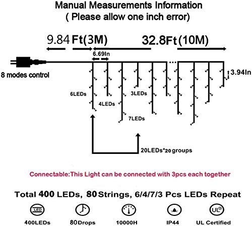 CORST 10M Outdoor icicle lights Mains Powered Window Curtain Fairy Lights Long Outside Fairy Light Plug In 400LEDs Connectable, 8 Modes for Room,Gazebo Decor(Blue+White)