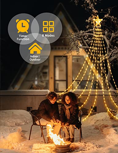 Outdoor Christmas Decorations, 3.5M Christmas Star Lights LED Waterfall Christmas Lights 8 Modes Waterproof Christmas Tree Fairy Lights Outdoor String Lights for Xmas Tree Home Party Garden Bedroom