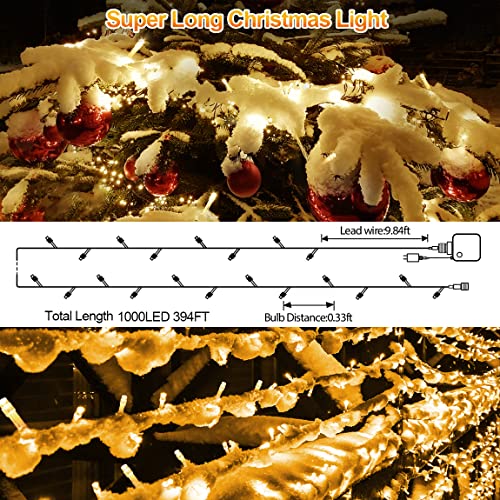 1000 Led 120M Christmas Lights Super Long Christmas Lights Outdoor Decorations Waterproof Fairy Lights Plug in String Lights With 8 Modes Timer for Xmas Outside House Tree Party Decor-Warm White