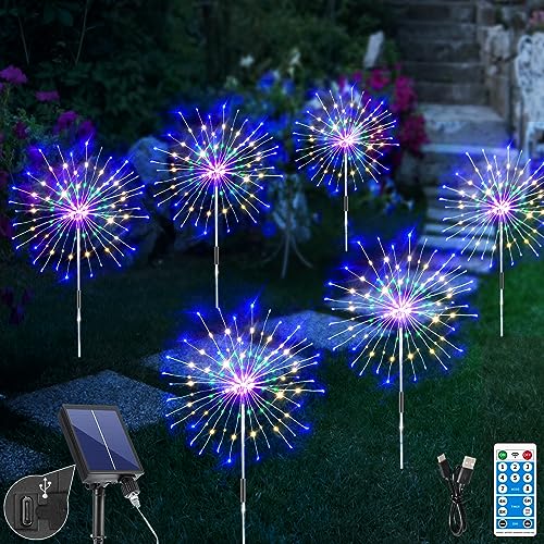 GCMacau 6 Pack Solar Firework Lights Outdoor Waterproof, 720LED Solar Garden Lights Remote Control & 8 Modes Starburst Fairy Lights, Upgarde Solar Powered with Tpye C for Party Yard Christmas Decor