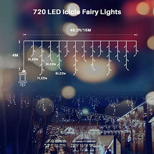 GCMacau Christmas Icicle Lights Outdoor, 10+5m/49ft 720 LED Curtain Fairy Lights Mains Powered, String Lights with 8 Mode Remote Control Christmas Tree Lights for Garden Party Decorations(Cool White)
