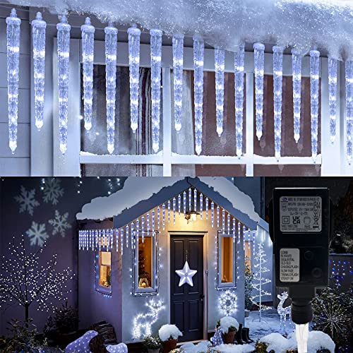 Moxled 20-Count 90 LED Icicle Fairy Lights Waterproof, Outdoor Christmas Decorative Icicle Lights, Cool White LED Mains Powered Fairy Lights with Timer, Memory