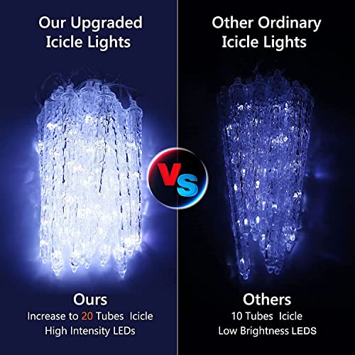 Joomer Icicle Christmas Lights Outdoor, 20 Tubes 90 LED 8 Modes White Icicle Lights with Timer Function, Waterproof Connectable Ice String Lights for Home Patio Eaves Christmas Tree Decoration
