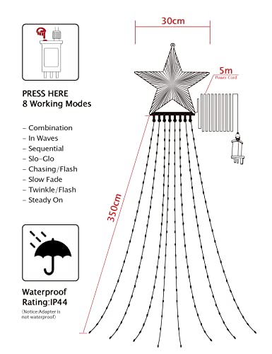 Outdoor Christmas Decorations, 3.5M Christmas Star Lights LED Waterfall Christmas Lights 8 Modes Waterproof Christmas Tree Fairy Lights Outdoor String Lights for Xmas Tree Home Party Garden Bedroom
