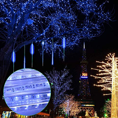 BrizLabs Christmas Meteor Lights, 30cm 10 Tubes 240 LED Falling Rain Lights Waterproof Falling Snowfall Lights Cascading Icicle String Lights for Outdoor Tree Garden Wedding Party Holiday Decor, Blue