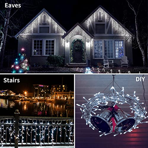 GCMacau Christmas Icicle Lights Outdoor, 10+5m/49ft 720 LED Curtain Fairy Lights Mains Powered, String Lights with 8 Mode Remote Control Christmas Tree Lights for Garden Party Decorations(Cool White)