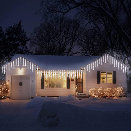 Joomer Icicle Christmas Lights Outdoor, 20 Tubes 90 LED 8 Modes White Icicle Lights with Timer Function, Waterproof Connectable Ice String Lights for Home Patio Eaves Christmas Tree Decoration