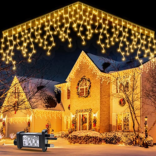 GYLEFY 400LED Icicle Christmas Lights 10M/32.8FT Outdoor Connectable & Timer Warm White Christmas Lights with 8Modes Waterproof Curtain Lights for Birthday Carnival Festive Balcony Eaves Decorations