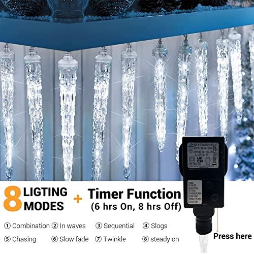 Moxled 20-Count 90 LED Icicle Fairy Lights Waterproof, Outdoor Christmas Decorative Icicle Lights, Cool White LED Mains Powered Fairy Lights with Timer, Memory