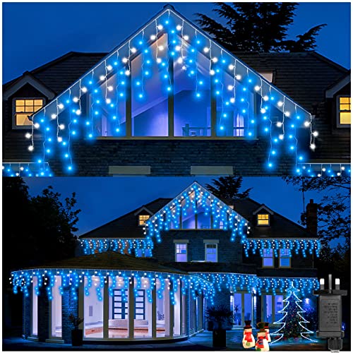Icicle Outdoor Christmas Lights, 14m/46ft 360LED Blue White Icicle Lights Outdoor Waterproof, 8Modes Christmas outdoor lights with Memory, Fairy Lights Plug in for Home/Window/Party/Indoor Decor