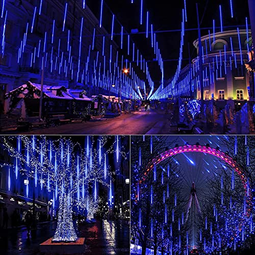 BrizLabs Christmas Meteor Lights, 30cm 10 Tubes 240 LED Falling Rain Lights Waterproof Falling Snowfall Lights Cascading Icicle String Lights for Outdoor Tree Garden Wedding Party Holiday Decor, Blue