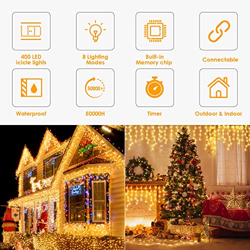 GYLEFY 400LED Icicle Christmas Lights 10M/32.8FT Outdoor Connectable & Timer Warm White Christmas Lights with 8Modes Waterproof Curtain Lights for Birthday Carnival Festive Balcony Eaves Decorations