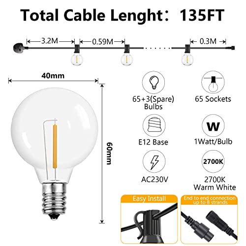 PLGOD 135FT Outdoor Lights Mains Powered, Outside Lights Patio Lights with 65+3 G40 Shatterproof LED Bulbs (3 Spare), Waterproof Hanging String Lights for Indoor Backyard Garden Christmas Party Decor