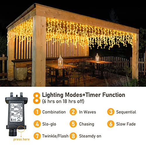 GYLEFY 400LED Icicle Christmas Lights 10M/32.8FT Outdoor Connectable & Timer Warm White Christmas Lights with 8Modes Waterproof Curtain Lights for Birthday Carnival Festive Balcony Eaves Decorations