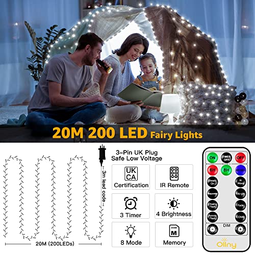 Ollny Fairy Lights Outdoor, 20m 200 LED Fairy Lights Plug in Waterproof Cool White Outdoor Lights, Remote/8 Modes/Timer, Indoor/Outside/Garden/Party Christmas Decorations String Lights Mains Powered