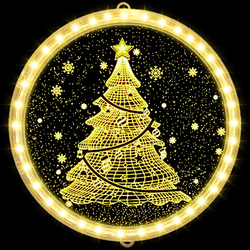 Christmas Decoration Window Light, Chennyfun 8.66 Inch 3D Novelty Hanging Christmas Tree Lights Battery Operated Warm White with Suction Cup for Outdoor Indoor Windows Pathway Patio Bedroom Party Wall