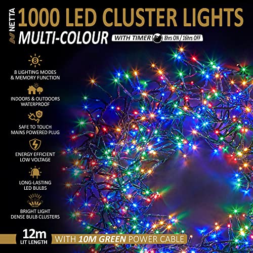 Christmas Tree Lights Cluster Lights 1000 LED - 8 Hours On Timer, 8 Light Modes, Plug in, Waterproof Indoor & Outdoor Use – 1000 LED / 12m Lit Length, Multi Coloured