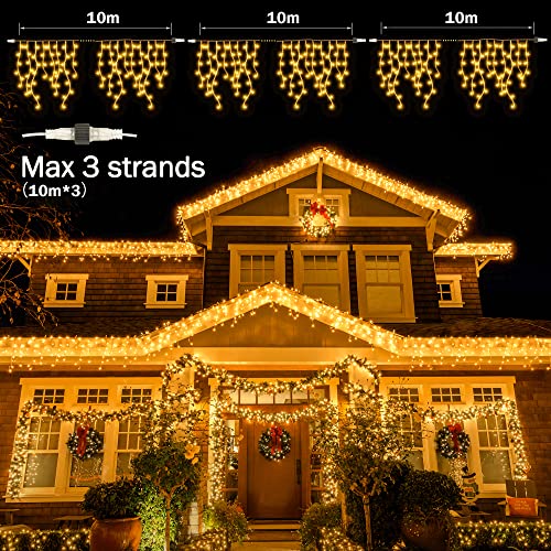 GYLEFY 400LED Icicle Christmas Lights 10M/32.8FT Outdoor Connectable & Timer Warm White Christmas Lights with 8Modes Waterproof Curtain Lights for Birthday Carnival Festive Balcony Eaves Decorations