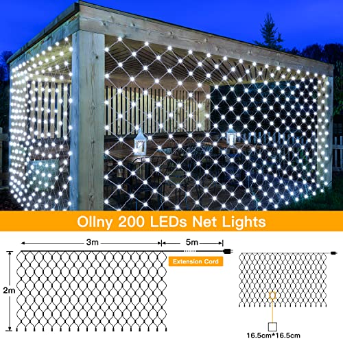Ollny Christmas Net Lights Outdoor Decorations - 200 LED 3m x 2m Fairy Lights Plug-in Waterproof String Lights with 8 Light Modes/Timer/Remote - for Xmas Tree/Indoor/Outside/Curtain/Window/Garden