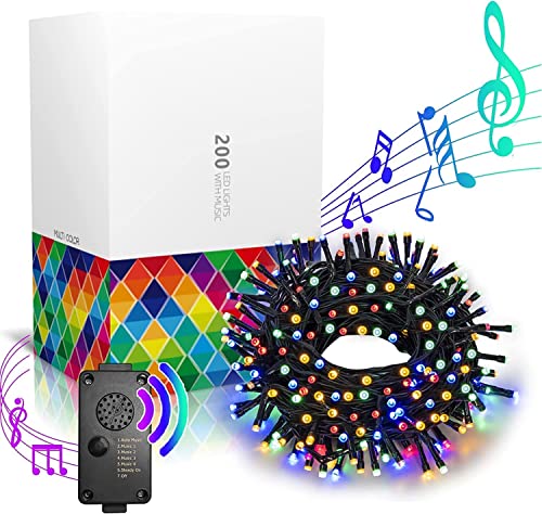 Eambrite Christmas Fairy Lights 20m 200 LED Multicolour String Lights Mains Powered with Christmas Music Sync Waterproof Outdoor Lights Decorations for Party Indoor Outdoor Garden - Green Cable