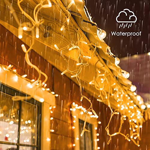 GYLEFY 400LED Icicle Christmas Lights 10M/32.8FT Outdoor Connectable & Timer Warm White Christmas Lights with 8Modes Waterproof Curtain Lights for Birthday Carnival Festive Balcony Eaves Decorations