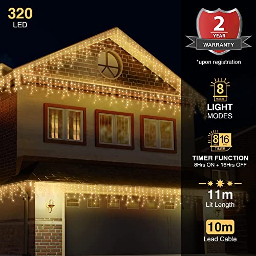 ANSIO® Outdoor Christmas Lights 320 LED 11m/35ft Icicle Lights Outdoor & Indoor Warm White Decorations String Fairy Outside Lights with Timer for Xmas Garden Bedroom & Party|Mains Powered Clear Cable