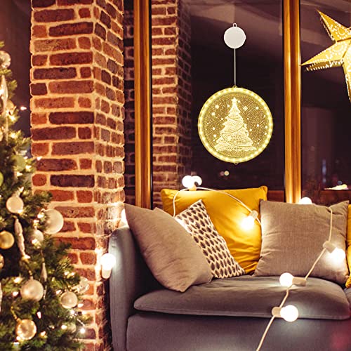 Christmas Decoration Window Light, Chennyfun 8.66 Inch 3D Novelty Hanging Christmas Tree Lights Battery Operated Warm White with Suction Cup for Outdoor Indoor Windows Pathway Patio Bedroom Party Wall