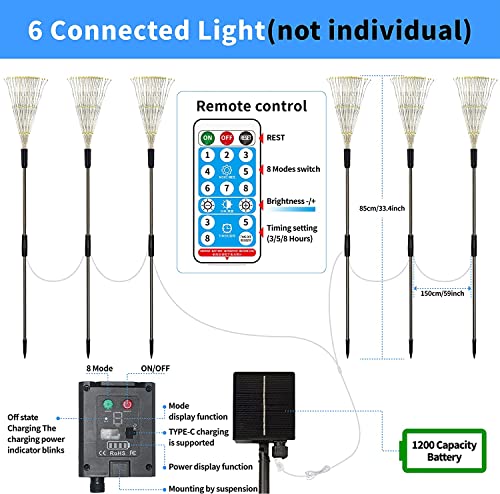 GCMacau 6 Pack Solar Firework Lights Outdoor Waterproof, 720LED Solar Garden Lights Remote Control & 8 Modes Starburst Fairy Lights, Upgarde Solar Powered with Tpye C for Party Yard Christmas Decor