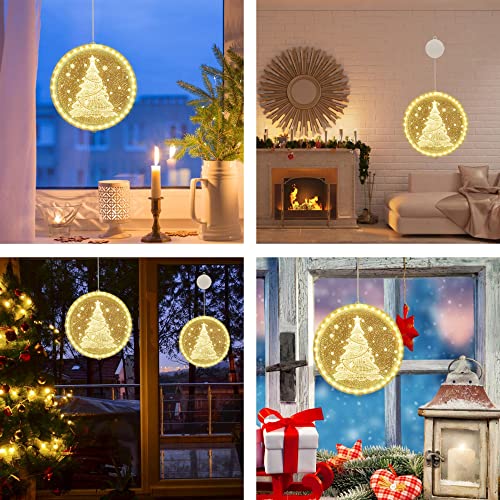 Christmas Decoration Window Light, Chennyfun 8.66 Inch 3D Novelty Hanging Christmas Tree Lights Battery Operated Warm White with Suction Cup for Outdoor Indoor Windows Pathway Patio Bedroom Party Wall
