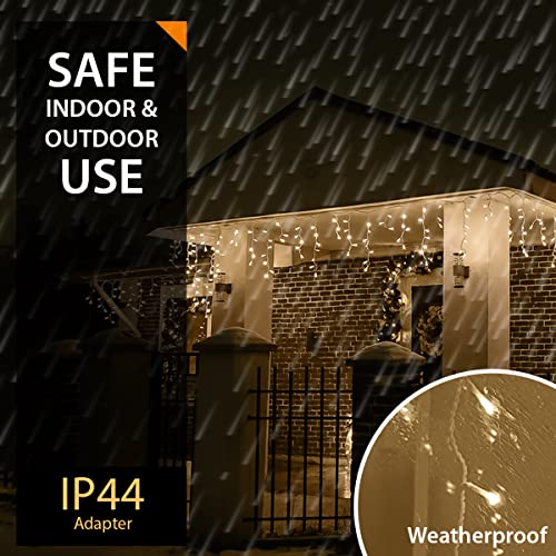 ANSIO® Outdoor Christmas Lights 320 LED 11m/35ft Icicle Lights Outdoor & Indoor Warm White Decorations String Fairy Outside Lights with Timer for Xmas Garden Bedroom & Party|Mains Powered Clear Cable