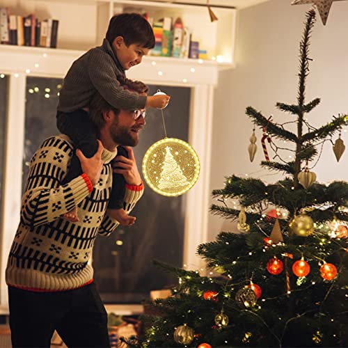Christmas Decoration Window Light, Chennyfun 8.66 Inch 3D Novelty Hanging Christmas Tree Lights Battery Operated Warm White with Suction Cup for Outdoor Indoor Windows Pathway Patio Bedroom Party Wall