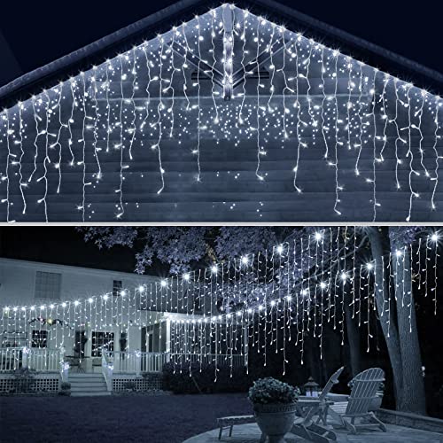 Icicle Lights Outdoor 10M 400 LED with 75 Drops Connectable Fairy Curtain Lights Plug in 8 Modes Main Powered Waterproof Outdoor Indoor Decorations for Wedding Party in Room Garden Roof (Cool White)