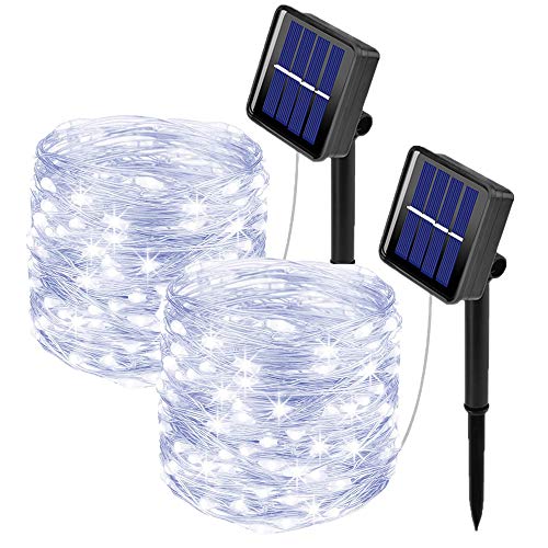 ooklee [2 Pack] Outdoor Solar Garden Lights, Solar Fairy String Lights, 10M 100LED 8 Modes, Waterproof Silver Copper Wire Lights for Patio Christmas Outside Gazebo Festival Fence Decor (Cool White)
