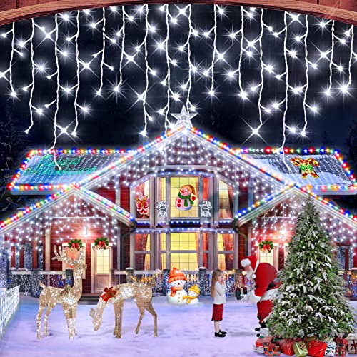 Icicle Outdoor Christmas Lights 10M 320 LED Fairy Lights Plug In 60 Drops Waterproof Xmas Decorations Lights 8 Modes Memory Decor String Lights For House Roof Window Patio Indoor Party-Cool White