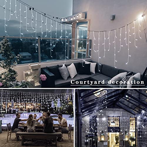Icicle Lights Outdoor 10M 400 LED with 75 Drops Connectable Fairy Curtain Lights Plug in 8 Modes Main Powered Waterproof Outdoor Indoor Decorations for Wedding Party in Room Garden Roof (Cool White)