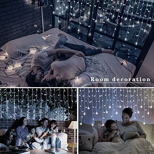 Icicle Lights Outdoor 10M 400 LED with 75 Drops Connectable Fairy Curtain Lights Plug in 8 Modes Main Powered Waterproof Outdoor Indoor Decorations for Wedding Party in Room Garden Roof (Cool White)