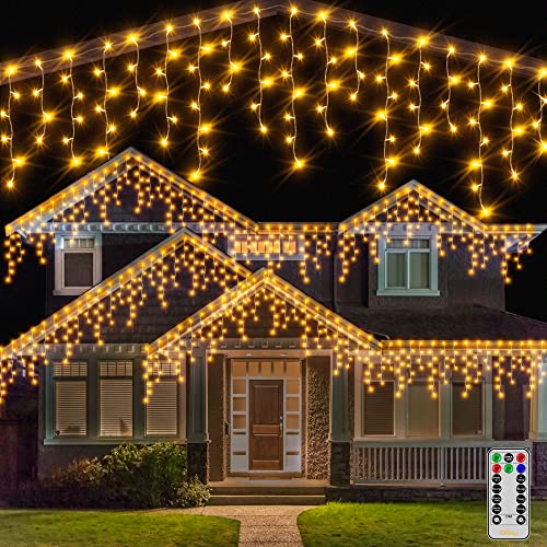 Ollny Icicle Fairy Lights Outdoor - 396 LED 10M Waterproof Fairy Lights Plug in, Remote/8 Modes/Timer/Connectable Warm White String Lights, Eaves Window Garden House Roof Christmas Decorations