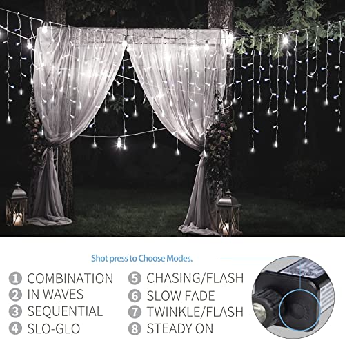 Icicle Lights Outdoor 10M 400 LED with 75 Drops Connectable Fairy Curtain Lights Plug in 8 Modes Main Powered Waterproof Outdoor Indoor Decorations for Wedding Party in Room Garden Roof (Cool White)