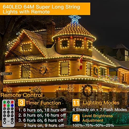 Ollny Fairy Lights Outdoor Garden - 64m 640 LED Long String Lights Mains Powered Waterproof Colour Changing, 11 Modes/Timer/Remote Indoor Lights for Outside/Bedroom/Party/Wall/Tree/Gazebo/Fence
